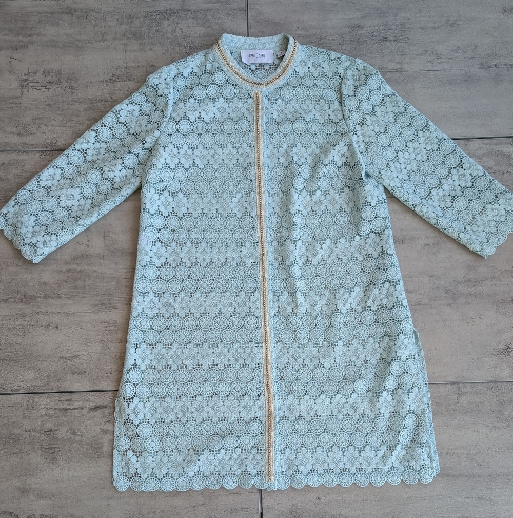 Carlisle Mint Guipure Lace Snap Button Longline Kimono Topper 6